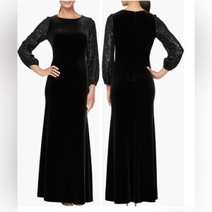 Alex Evenings Mixed Media Sequin & Velvet Long Sleeve Gown